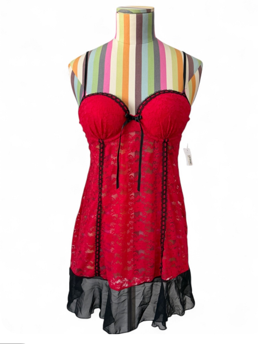 NWT Linea Donatella Red & Black Lace Slip Dress Top w/ Thong Ruffle Hem